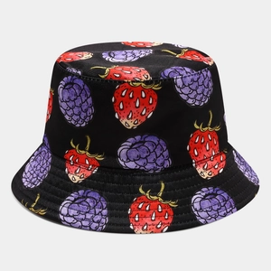 Detailed close-up of a black cotton bucket hat featuring vivid strawberry and berry patterns