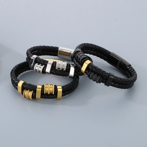 Bracelet multicouche en cuir tressé pour homme avec fermoir magnétique en trois coloris