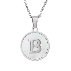 Minimalist silver stainless steel necklace with round shell pendant featuring letter B