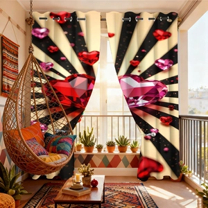 Detail of red and black velvet curtains with 3D heart gems and metal grommet top headers