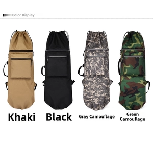 Waterproof skateboard and yoga mat bags in four colors: khaki, black, and two camouflage styles