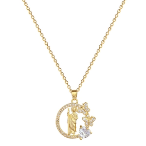 Halskette mit Schmetterlings-Portrait, Herz-Zirkon und Kristallen an goldener Kette