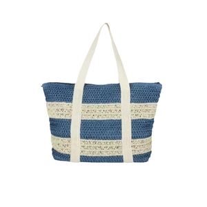 Handmade contrast striped straw tote bag in blue and beige for beach vacation