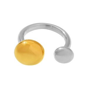 Bague ouverte bicolore minimaliste avec sphères géométriques en or et argent poli