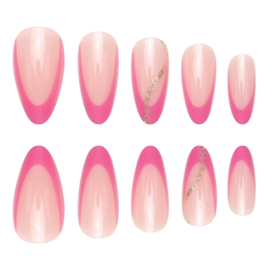 Pink almond French press-on nails with golden glitter wave accents and a glossy finish