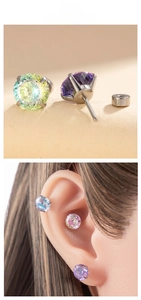 Detail of round claw-set gradient zircon ear studs with secure screw back labret design