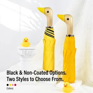 Three-fold umbrella with creative duck head wooden handle and yellow UV-protection fabric