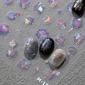 Macro shot of 3D fireworks nail art stickers showing laser holographic effect on tips