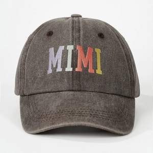 Distressed dark grey washed cotton baseball cap with colorful MIMI embroidery