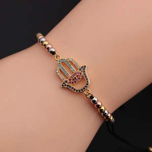 Adjustable copper Hamsa Hand bracelet featuring multicolor zircon and tri-color metal beads