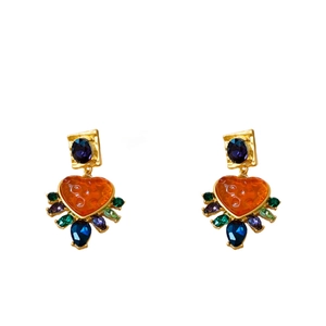 Vintage palace style earrings with blue square gem and orange textured heart pendant