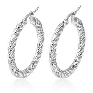 Silver twisted rope round hoop earrings in polished stainless steel for women
