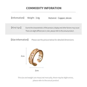 Détails techniques de la bague fleur plaquée or, matériau en cuivre et zircon pesant 3,4g