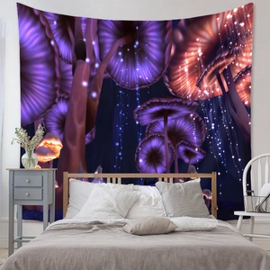 Bohemian forest mushroom tapestry in deep purple and orange for bedroom wall decor