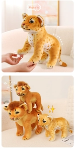 Close-up of soft plush leopard and lion cubs showing high-quality fuzzy texture