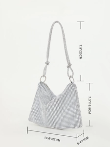 Detailed size specifications for silver rhinestone knotted shoulder bag with dimensions