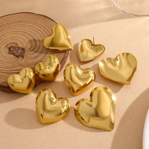 Minimalist 18K gold plated heart stud earrings with high-polished metallic mirror finish