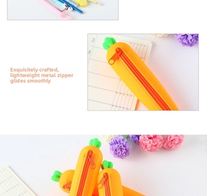 Detail view of smooth metal zipper and durable orange silicone carrot pencil case texture