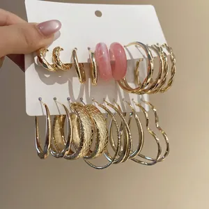 Hoop Earrings Mixed Styles Pink Marble Resin And Metal With 925 Sterling Silver Earring Post For Women Daily Jewelry
