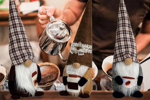 Detailed plush coffee-themed gnomes with plaid hats and mini coffee accessories