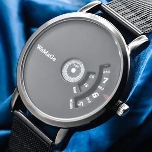 Macro shot of the unique black turntable dial with hour and minute rotating discs