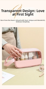Detailed close-up of a pink PVC toiletry bag with premium faux leather trim and handle