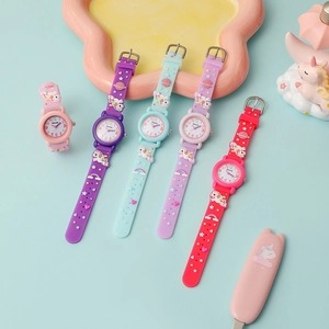 Macro view of five colorful unicorn themed silicone strap quartz watches for young girls