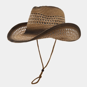 Detail of hollow-out straw cowboy hat featuring brown stripes and adjustable chin strap