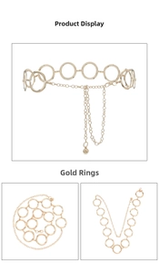 Detail view of golden metal chain belt featuring hollow rings and adjustable tail chain
