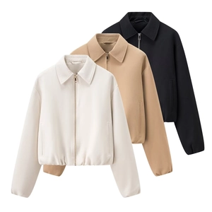 Veste Courte Décontractée Pour Femmes Polyester Couleur Unie Col Rabattu Manches Longues Fermeture Éclair Avec Poches Ourlet Élastique