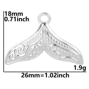 Detailed view of silver fishtail pendant with dimensions 18mm height and 26mm width