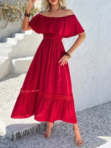 Detail of red off-shoulder dress featuring ruffle hem and intricate lace splicing texture