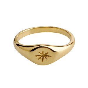 Polished gold stainless steel signet ring with engraved eight-pointed star for men and women