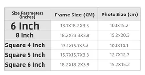 Size chart for vintage hollow 3D shadow box frames in various square and inch formats