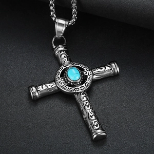 Vintage silver cross necklace with turquoise stone inlay and hip hop style engraving