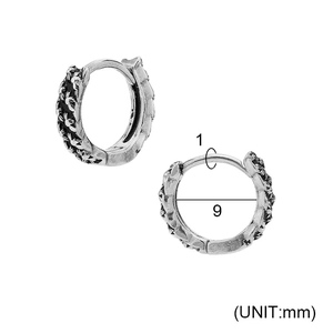 Detail showing 9mm inner diameter and 1mm width of vintage engraved steel earrings