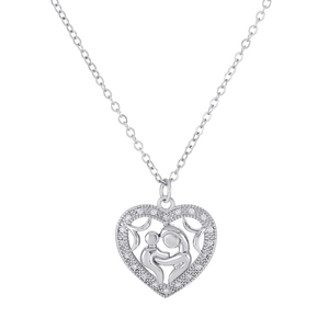 Silver heart necklace with zircon border and mother-child silhouette pendant