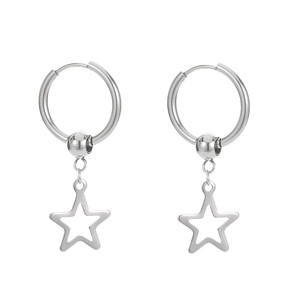 Minimalist silver stainless steel hoop earrings with hollow star pendants for women
