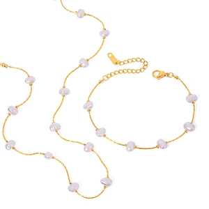 Minimalistisches 18k vergoldetes Edelstahlset mit Barockperlen-Halskette und Armband