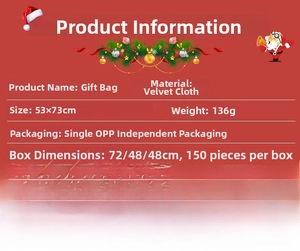 Detailed dimensions of the 53x73cm velvet Christmas gift bag with festive decorations