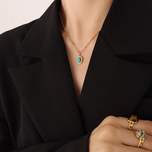 Collier Et Boucles D'oreilles Bohème Vintage Bijoux Acier Titane Plaqué Or 18K Turquoise Ovale Pierre Oeil De Chat Pour Femmes