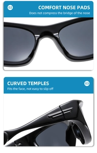 Detail der integrierten Nasenpads und gebogenen Bügel der schwarzen Sport-Sonnenbrille