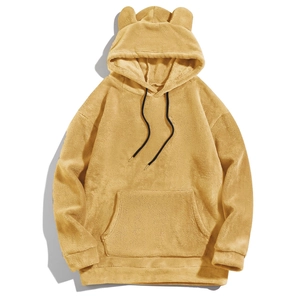 Warm yellow coral fleece hoodie for men with bear ears decoration and kangaroo pocket
