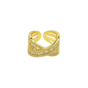 Detail view of gold crisscross ring with sparkling cubic zirconia pavé and 18k plating