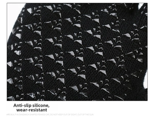 Macro detail of knit winter hat featuring non-slip silicone triangular patterns