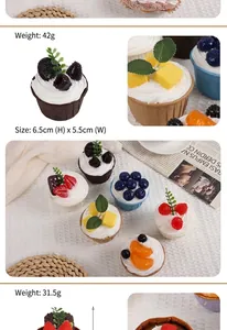 Detailed view of artificial PU cupcake models with fruit toppings and size measurements