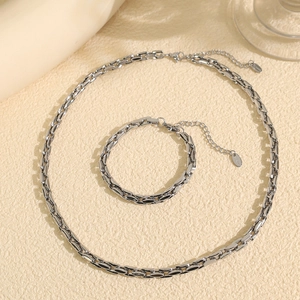 Elegant silver titanium steel Cuban link necklace and bracelet set in minimalist style