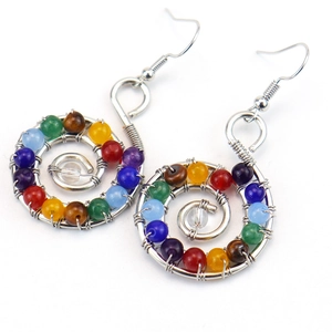 Detailed macro view of spiral wire-wrapped earrings with colorful natural crystal beads