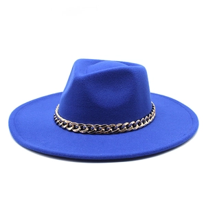 Royalblauer Wollfilzhut mit breiter Krempe und dekorativer Goldkette für Damen