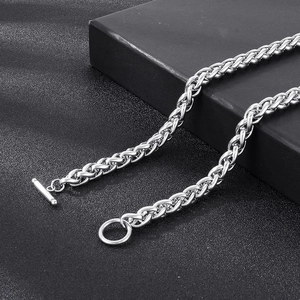 Minimalist silver stainless steel woven chain necklace with stylish OT buckle for men